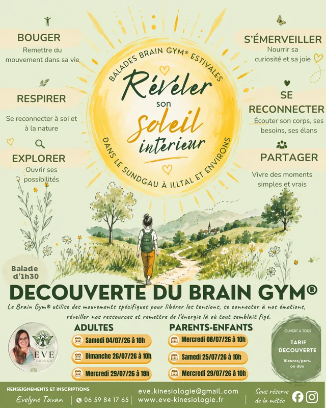 Affiche Balades Brain Gym® estivales — Révéler son soleil intérieur, juillet 2026